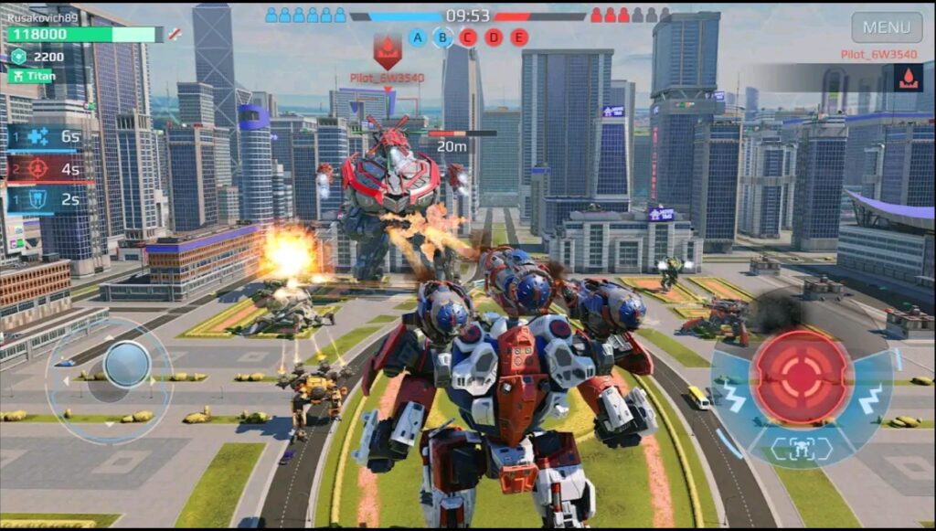 War Robots battle between heavy mechs in futuristic city