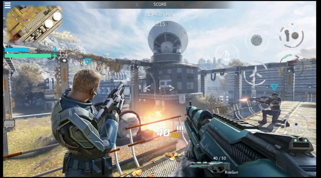 Infinity Ops futuristic soldier in cyberpunk city battlefield